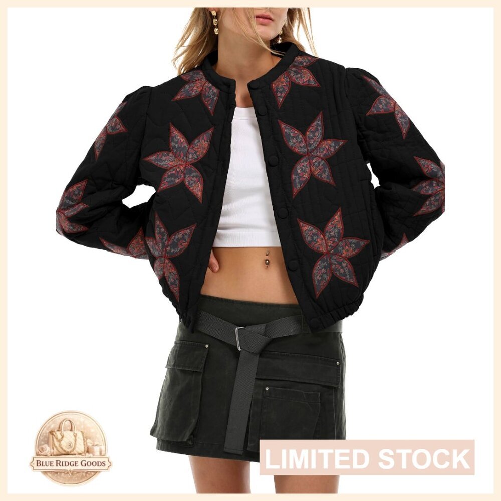 Lightweight Floral Embroidered Cropped Quilted Jacket Button Down Puffer